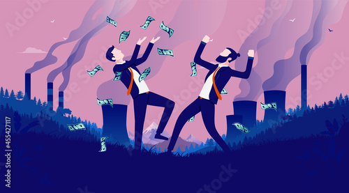Making money from pollution - Corporate greedy businessmen celebrating earnings in polluted landscape. Corporate greed and evilness concept. Vector