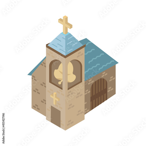 Church with a bell in isometric view. Vector illustration of an old building.