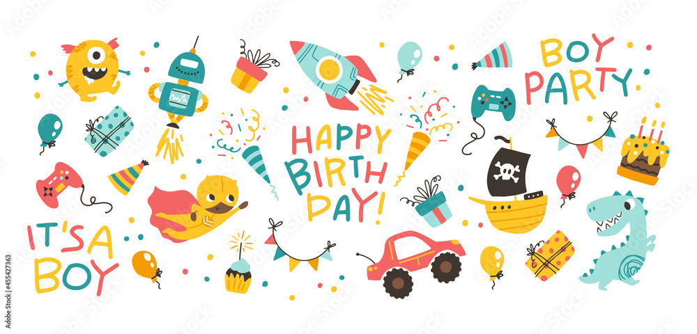 Boy's birthday set. Vector festive cartoon doodle collection of elements in naive simple childish scandinavian style. Comic colorful lettering.