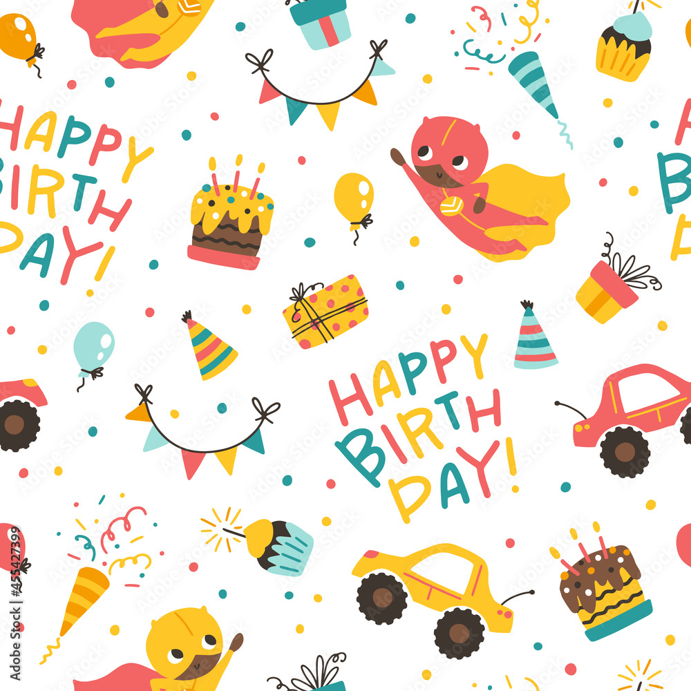 Boy's birthday seamless pattern. Vector festive cartoon doodle elements background in naive simple childish scandinavian style. Comic colorful lettering.