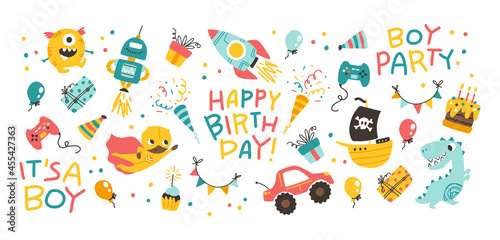 Boy's birthday set. Vector festive cartoon doodle collection of elements in naive simple childish scandinavian style. Comic colorful lettering.