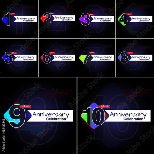 set 1,2,3,4,5,6,7,8,9,10 year Anniversary logotype design, Celebrating Anniversary Colorful Logo for celebration event, invitation, greeting, web template