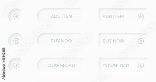 Vector modern neomorphic buttons set. White minimal buttons in neomorphism soft 3D style.