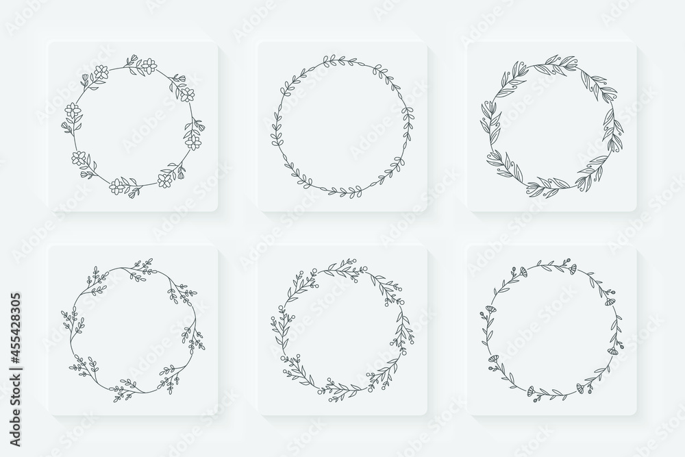 Wedding invitation floral frames set. Set of 6 hand drawn decorative floral wreaths. Vector circular wreaths and leaves compositions Wedding invitation floral frames set. Set of 6 hand drawn decorative floral wreaths. Vector circular wreaths and leaves compositions