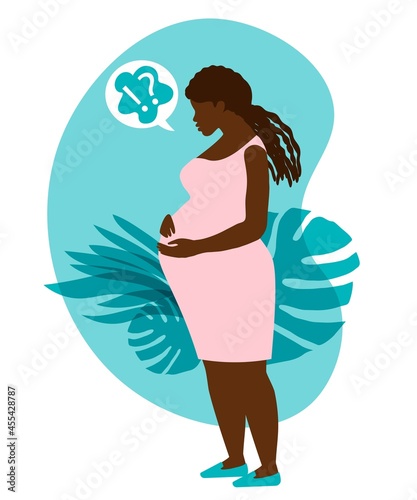 Black mom prenatal depression. Isolated flat vector background illustration. Childhood lifestyle concept. Pregnancy sad concept. African american pregnant. EPS10