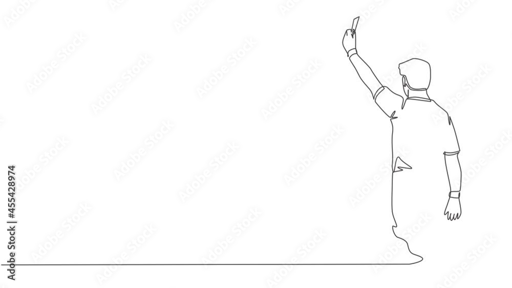 Animation of one single line drawing of young referee booked a player yellow card for the foul at the match. Soccer sports concept. Continuous line self draw animated illustration. Full length motion. Animation of one single line drawing of young referee booked a player yellow card for the foul at the match. Soccer sports concept. Continuous line self draw animated illustration. Full length motion.