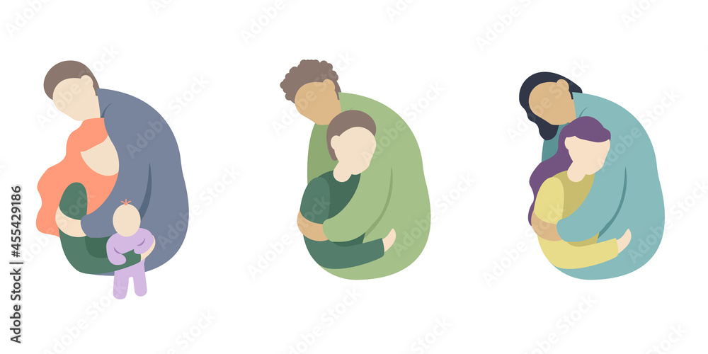 The family hugs. Vector illustration set of husband and wife with a child. Design for logo, banner, icon. The family hugs. Vector illustration set of husband and wife with a child. Design for logo, banner, icon.
