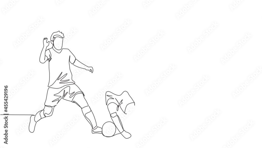 Animated self drawing of continuous line draw energetic football player doing ball clearance to keep his area safe from opponent attack. Soccer match sports concept. Full length single line animation. Animated self drawing of continuous line draw energetic football player doing ball clearance to keep his area safe from opponent attack. Soccer match sports concept. Full length single line animation.