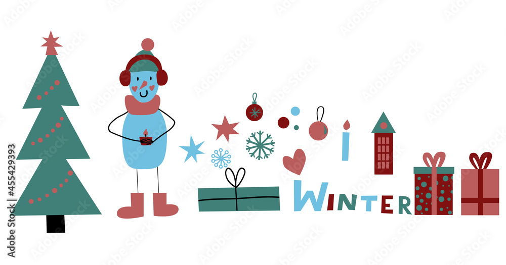 winter elements for wrapping paper. snowman and christmas tree on white background. vector Illustration