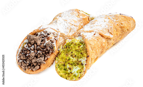 Cannoli Isolated. Traditional homemade Sicilian dessert Canolli with cream cheese Top view.