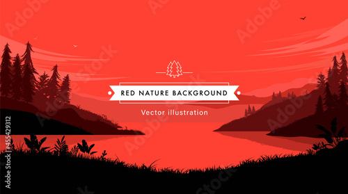 Red nature background - Landscape with forest lake  and bright sky in red colours  vector illustration.