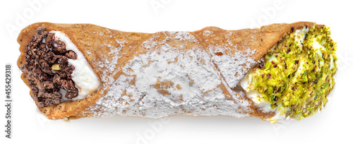 Cannoli Isolated. Traditional homemade Sicilian  dessert Canolli with cream cheese Top view. photo