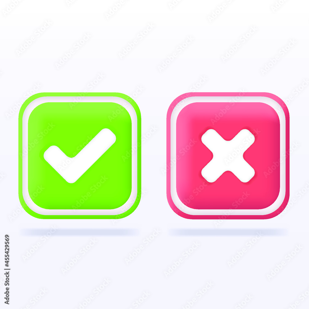 Correct, incorrect sign. Right and wrong mark icon set. Green tick and red cross flat symbol. Check ok, YES, no, X marks for vote, decision, web. True, false checkbox. Verify sign. 3D Vector Correct, incorrect sign. Right and wrong mark icon set. Green tick and red cross flat symbol. Check ok, YES, no, X marks for vote, decision, web. True, false checkbox. Verify sign. 3D Vector