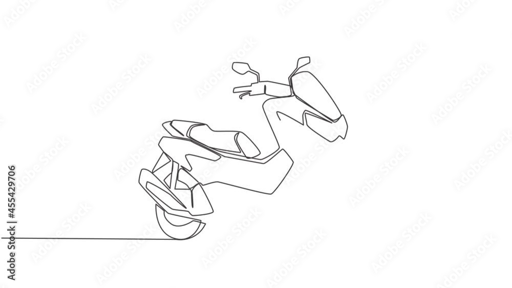 Animation of one single line drawing of big underbone scooter motorbike logo. City vehicle motorcycle concept. Continuous line self draw animated illustration. Full length motion. Animation of one single line drawing of big underbone scooter motorbike logo. City vehicle motorcycle concept. Continuous line self draw animated illustration. Full length motion.