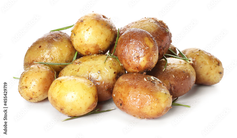Baked potatoes and rosemary on white background Baked potatoes and rosemary on white background