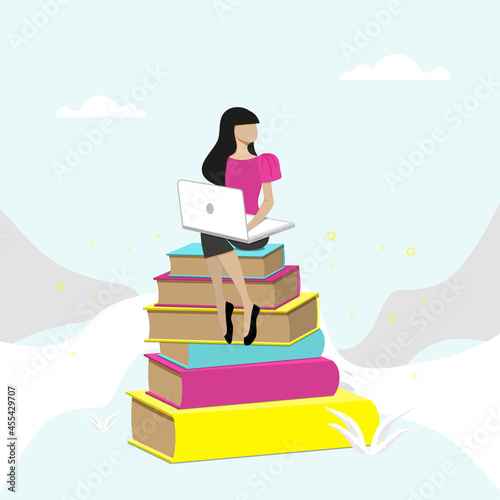 Girl sitting on pile of books with laptop. Flat illustration of e learning and tutorial concept.