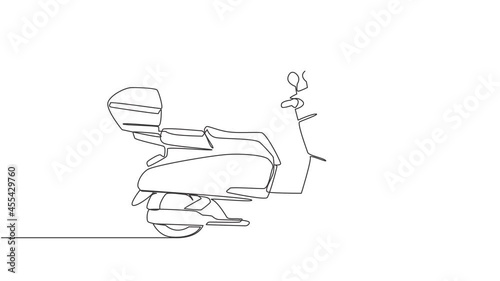 Animation of one single line drawing of courier delivery service motorbike logo. Scooter motorcycle concept. Continuous line self draw animated illustration. Full length motion. photo