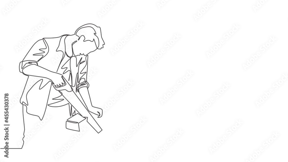 Self drawing animation of one single line draw young handsome craftsman cutting wooden board using handsaw. House maintenance service concept continuous line draw. Full length animated illustration. Self drawing animation of one single line draw young handsome craftsman cutting wooden board using handsaw. House maintenance service concept continuous line draw. Full length animated illustration.