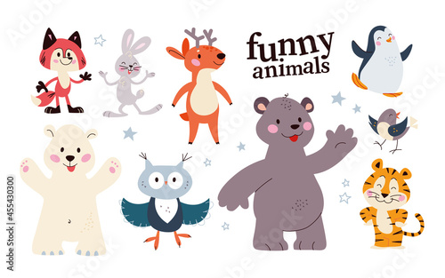Set of cute animal characters fox, polar bear, penguin, deer, owl isolated. Vector flat cartoon illustration. Scandinavian style. For children cards, patterns, banners, prints, packaging.