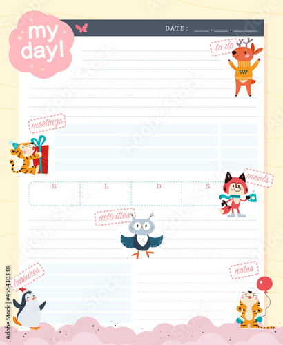 Daily planner page design template, calendar for children. Cute hand drawn little tigers, fox, penguin characters. To do list flat lay, pastel colors. Time management equipment. Vector illustration.