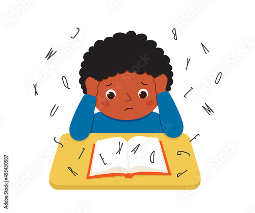 Child suffering with dyslexia is having difficulty in reading a book. Stressed little boy doing hard homework on the desk. Dyslexia disorder concept. Vector illustration isolated on white background.