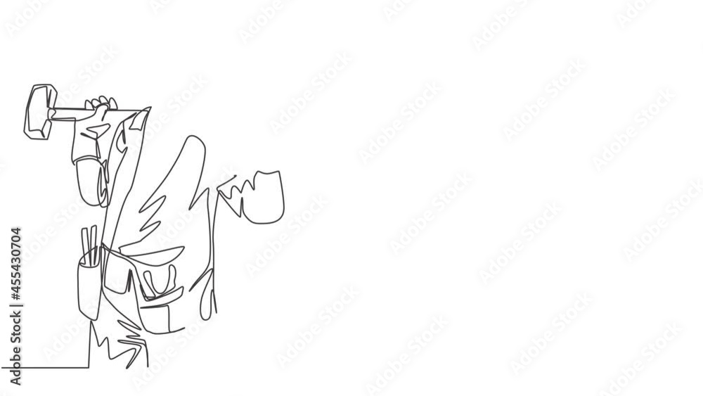Animation of one line drawing of construction builder wearing uniform, tools belt while holding hammer. Craftsman home repair service concept. Continuous line self draw animated. Full length motion.