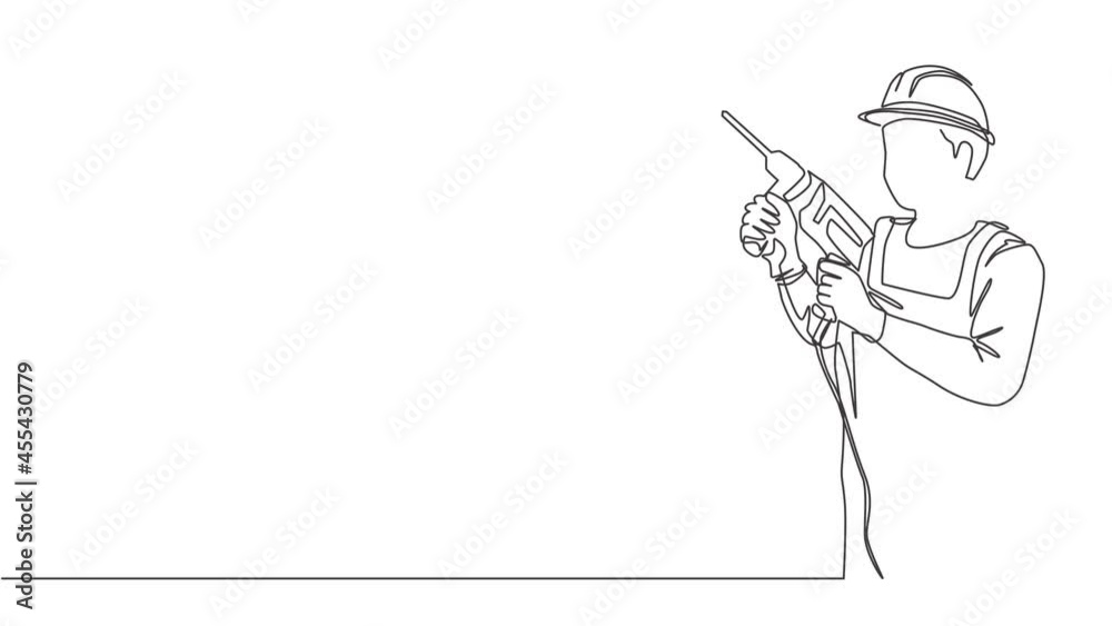 Animated self drawing of one continuous line draw young handyman holding drill machine. Repairman construction maintenance service concept. Full length single line animation illustration. Animated self drawing of one continuous line draw young handyman holding drill machine. Repairman construction maintenance service concept. Full length single line animation illustration.