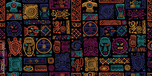 Ethnic mexican decor. Handmade Seamless Pattern for your design. Tribal tattos elements