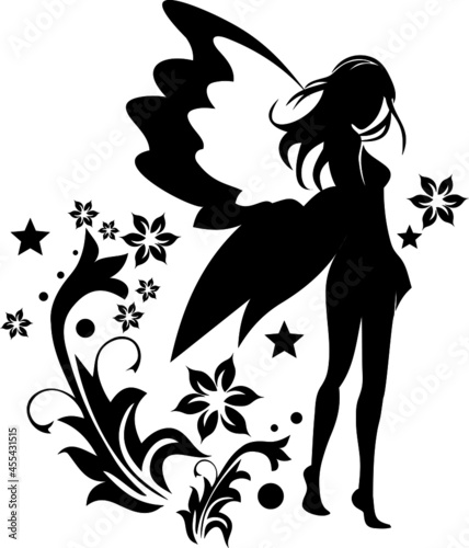 cartoon design of the children's room. A fairy tale fairy with a flower. A magical Elf with wings. Vector silhouette of a young girl for sandblasting.Young girl in abstract colors