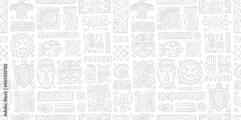 Ethnic mexican decor. Handmade Seamless Pattern for your design. Tribal tattos elements