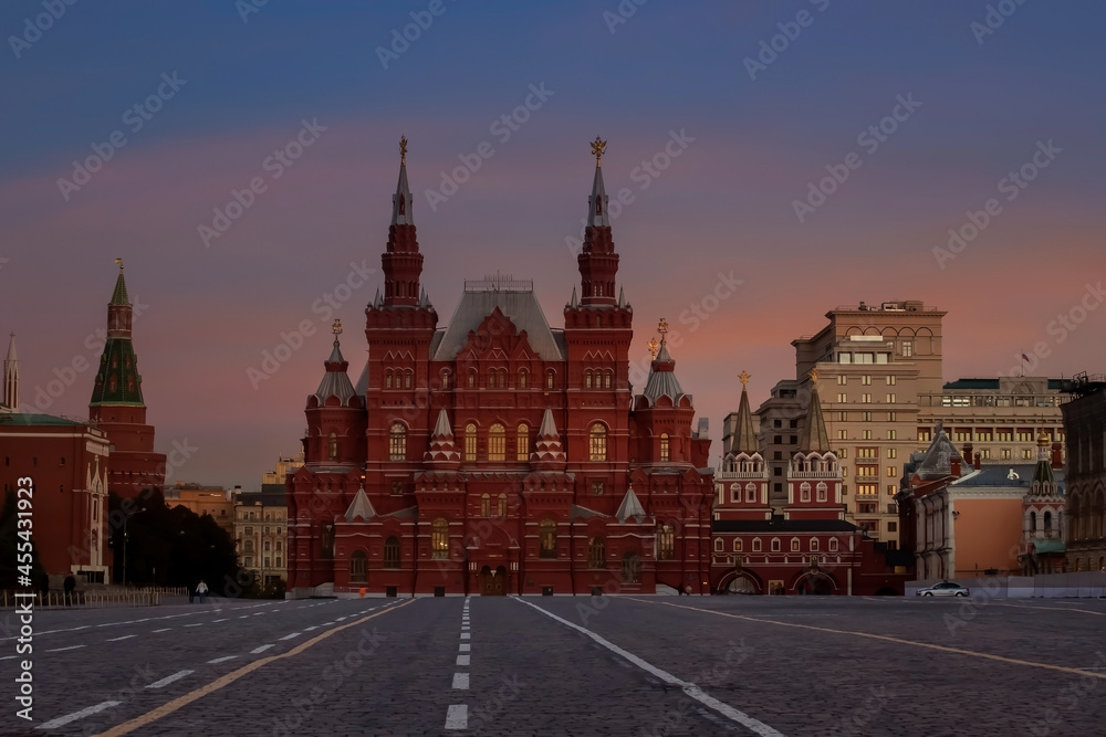 Sunset sky scene at State Historical Museum on Red Square in Moscow, Russia