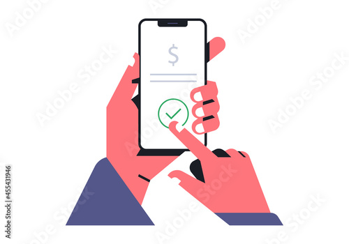 Hand holding a telephone. Successful online purchase payment, money transfer through bank mobile application, phone mockup, application on touch screen device. Vector illustration.