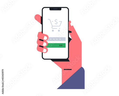 Hand holding a telephone. Menu for entering a password through a mobile application to make a purchase payment, a password for a money transfer through a bank mobile app. Vector illustration.