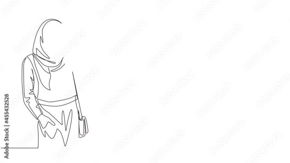 Self drawing animation of single line draw young beauty muslimah girl with head scarf carrying purse bag. Cute Asian women model in hijab fashion concept continuous line draw. Full length animated. Self drawing animation of single line draw young beauty muslimah girl with head scarf carrying purse bag. Cute Asian women model in hijab fashion concept continuous line draw. Full length animated.