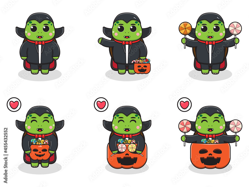 Fototapeta premium Vector illustration of cute Turtle with Dracula costume. Turtle character vector design. Good for label, sticker, clipart.