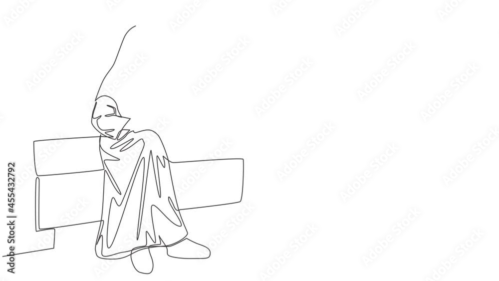 Animated self drawing of continuous line draw young middle east muslimah wearing burqa siting on chair. Traditional beauty muslim woman niqab with hijab concept. Full length one line animation. Animated self drawing of continuous line draw young middle east muslimah wearing burqa siting on chair. Traditional beauty muslim woman niqab with hijab concept. Full length one line animation.
