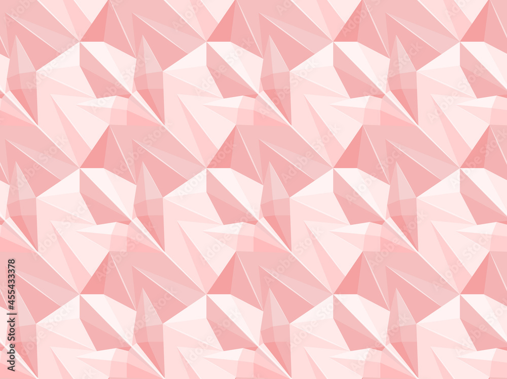 Pink geometric pattern with shadow illusion. Vector seamless floral texture. Surface of the design with figured flower mosaic