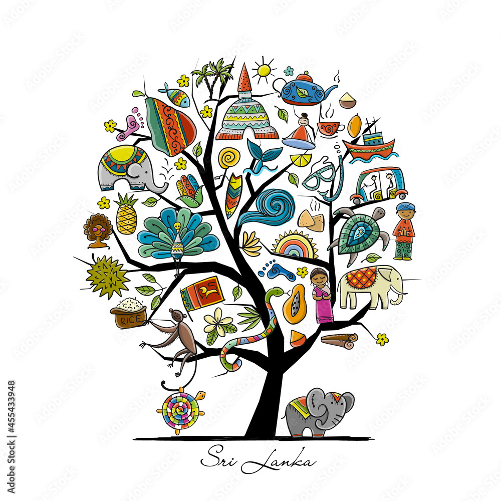 Sri Lanka travel, art tree for your design - obrazy, fototapety, plakaty 