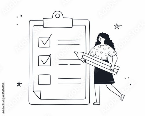 Woman planning month, to do list, time management. Girl is standing with pencil near to do list. Vector linear doodle style illustration.