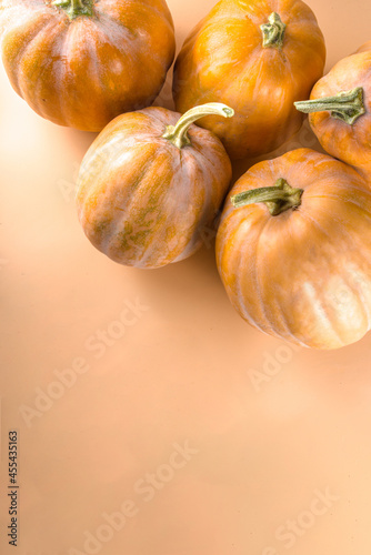 Group of ripe autumn pumpkins, on a beige colorful background composition Autumn harvest sale, Thanksgiving day holiday background