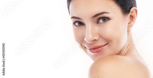 portrait of beauty caucasian woman with fair perfect healthy glow skin facial isolated on white background, young beautiful asian girl with pretty smile face care. Beauty women spa skincare banner