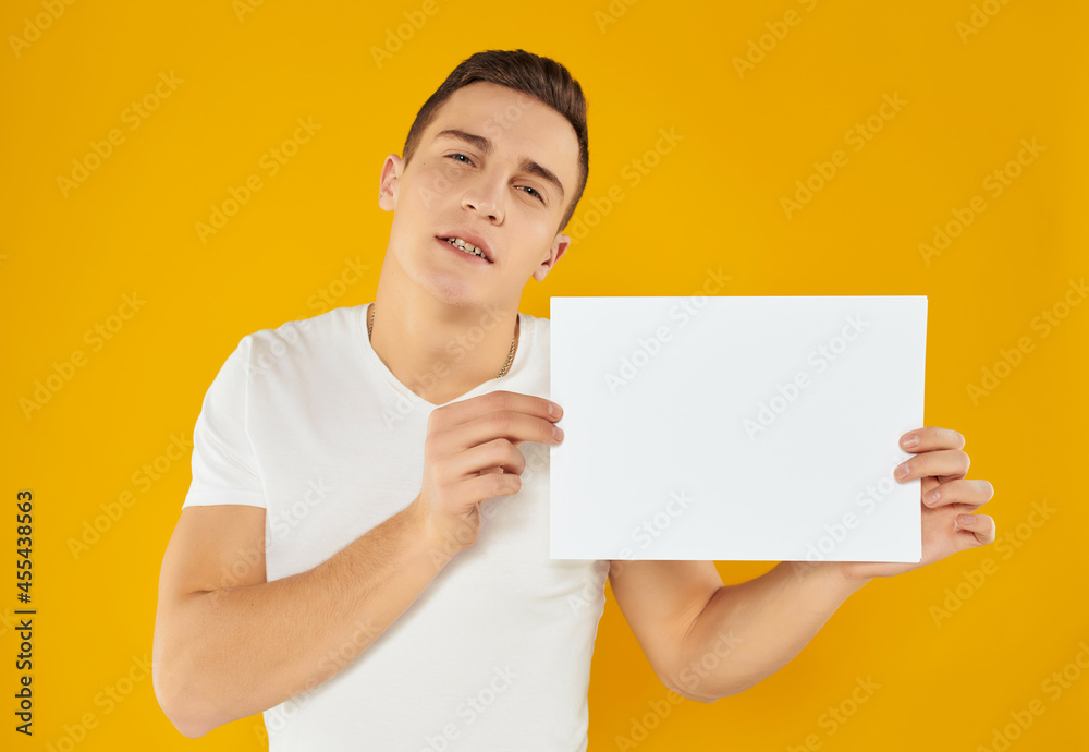 man in white paper t-shirt presentation Copy Space Studio man in white paper t-shirt presentation Copy Space Studio