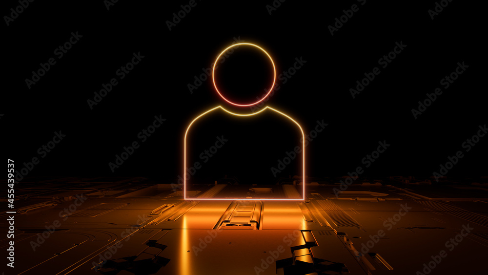 Orange and Yellow neon light user icon. Vibrant colored Social technology symbol, on a black background with high tech floor. 3D Render Orange and Yellow neon light user icon. Vibrant colored Social technology symbol, on a black background with high tech floor. 3D Render