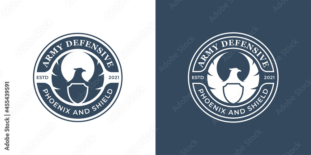 vintage classic badge with silhouette phoenix or eagle and shield icon for army defender logo design