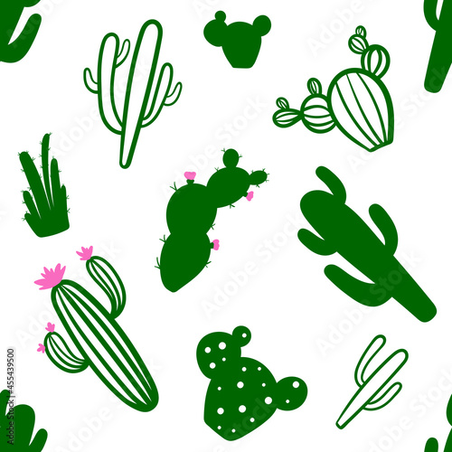Cute hand drawn seamless pattern with green cactus on white background for baby fabric and wrapping paper