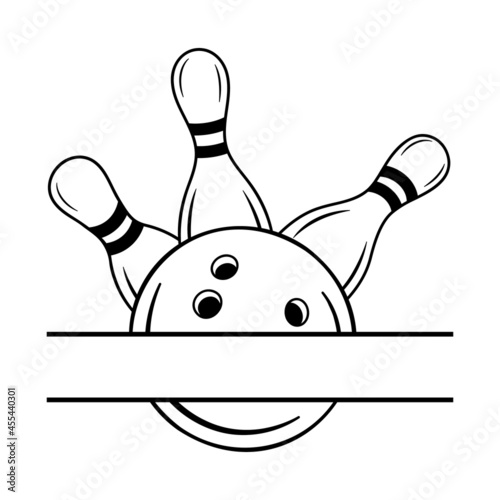 Bowling pins with ball sport logo or monogram. Game template for Bowling club, tournaments. Vector illustration in simple outline style isolated on white background.