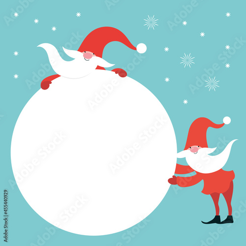 Two Cute Gnomes with big snow ball.Christmas banner with place for your text. Christmas greeting card. Happy New Year. Merry Christmas. Seasons Greetings.