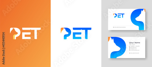 Modern Clean Initial Lettering Mark P Letter with Pet, Dog, Cat and animal with Premium Business Card Vector illustration