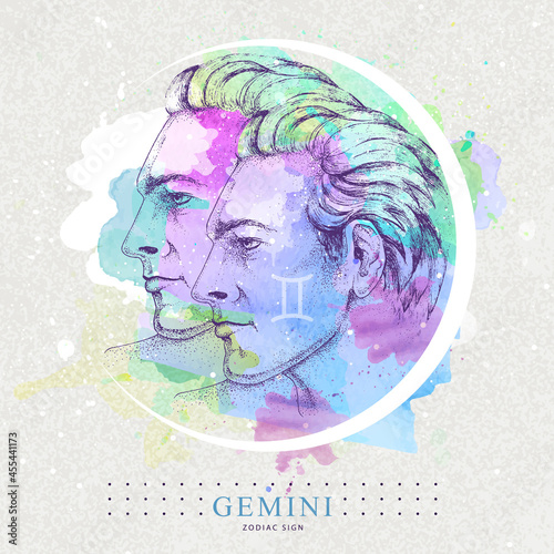 Modern magic witchcraft card with astrology Gemini zodiac sign. Hand drawing Two brothers illustration