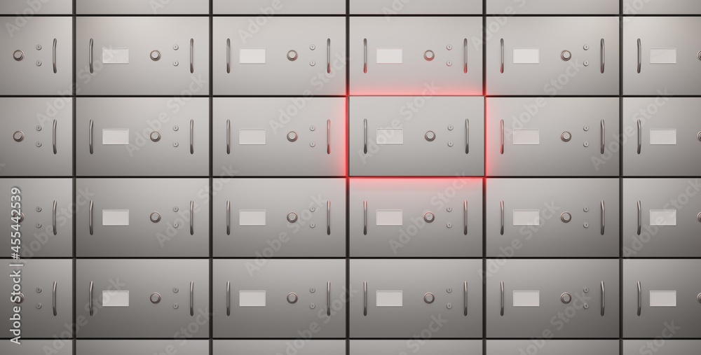 Robbery alarm in bank vault. Deposit safe boxes wall, one locker illuminated with red light, metal steel closed doors for secure storage valuables, money. Concept of steal or finance crime, 3d render Robbery alarm in bank vault. Deposit safe boxes wall, one locker illuminated with red light, metal steel closed doors for secure storage valuables, money. Concept of steal or finance crime, 3d render